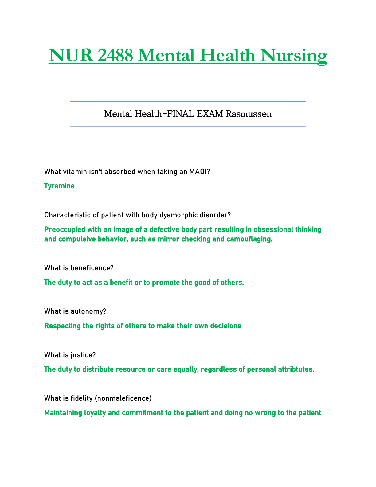 Preview image for NUR2488 / NUR 2488 Final Exam Updated: Mental Health Nursing - Rasmussen
